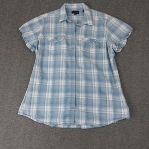 WOLVERINE WOMEN BLUE WHITE PLAID SHORT SLEEVE WORK WESTERN BUTTON FRONT SHIRT XL
